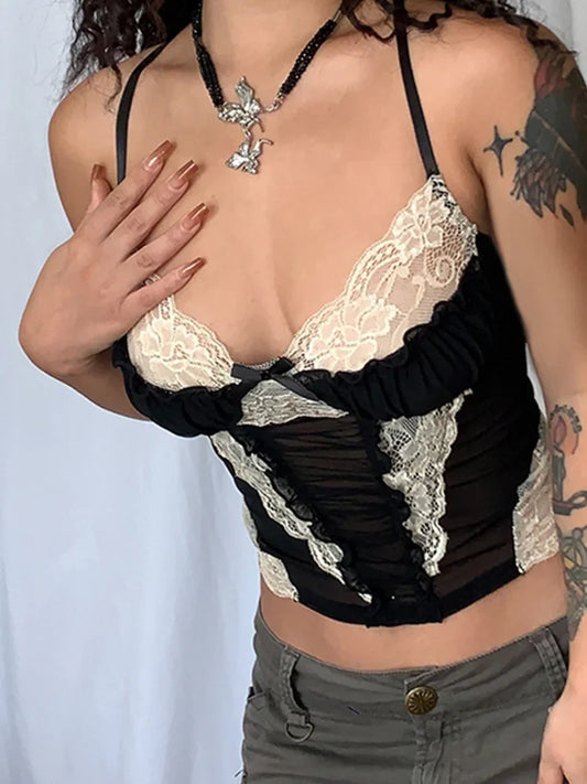 Voguable Lace Stitching Camis y2k Aesthetic Goth Black Corset Crop Top Clubwear Mesh Transparent Tank Tops Vintage Grunge