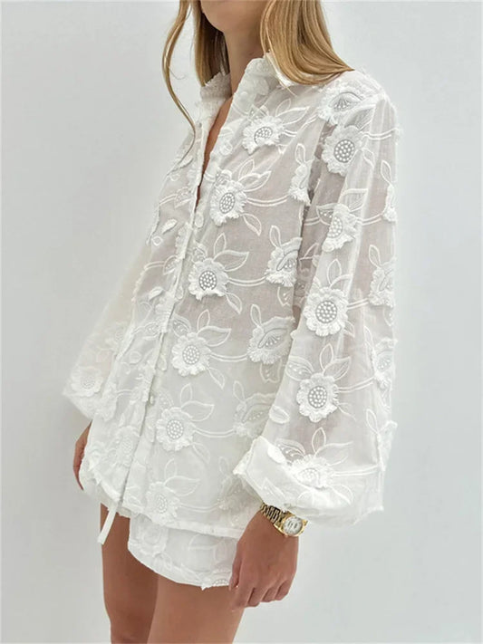 Printed See-Through Sexy Outfits Female Patchwork Cardigan Shirts And Lace-Up High Waist Shorts Sets Autumn 2 Piece-Set