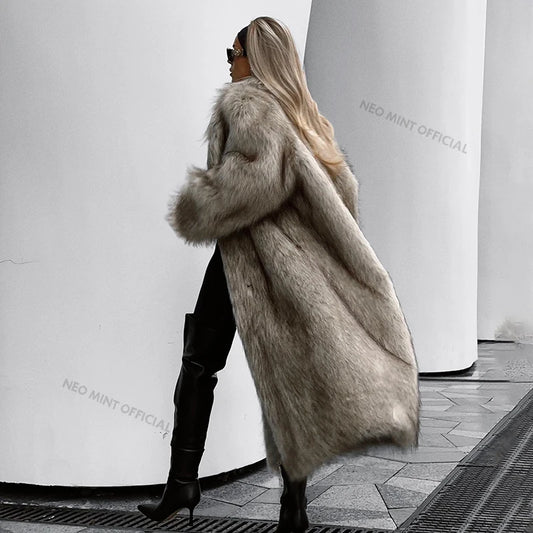 Luxury Mob Wife Aesthetic Long Faux Fur Coat Women Winter Fluffy Gradient Fox Fur Jacket Female Furry Overcoat