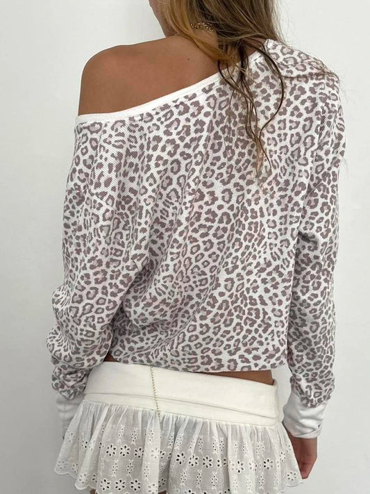 Patchwork Leopard Print Y2K Tee Button Up V Neck Contrast Color Long Sleeve Casual Knitted T Shirt Women