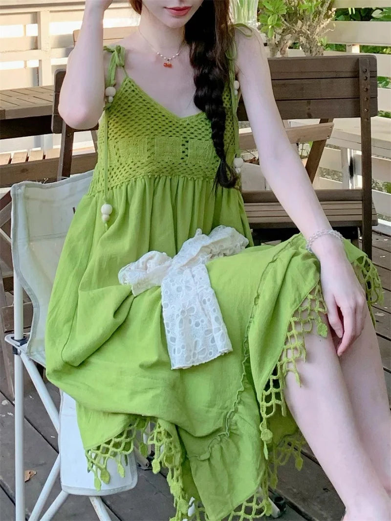 Y2k Leisure Holiday Wind Fruit Green Dress Cool Feel Lazy Wind Hollow Pendant Feeling Suspender Long-Short Dresse
