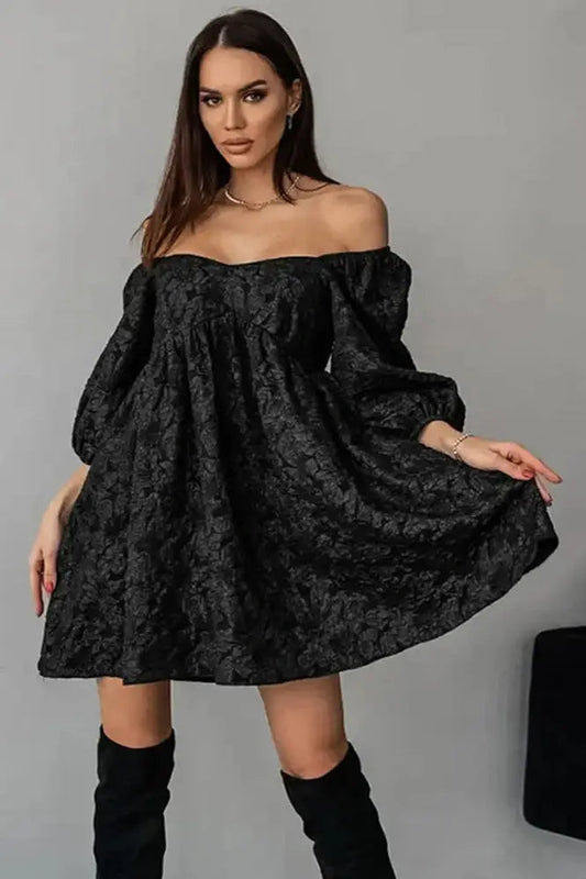Jacquard V-Neck Mini Dress with Bubble Sleeves