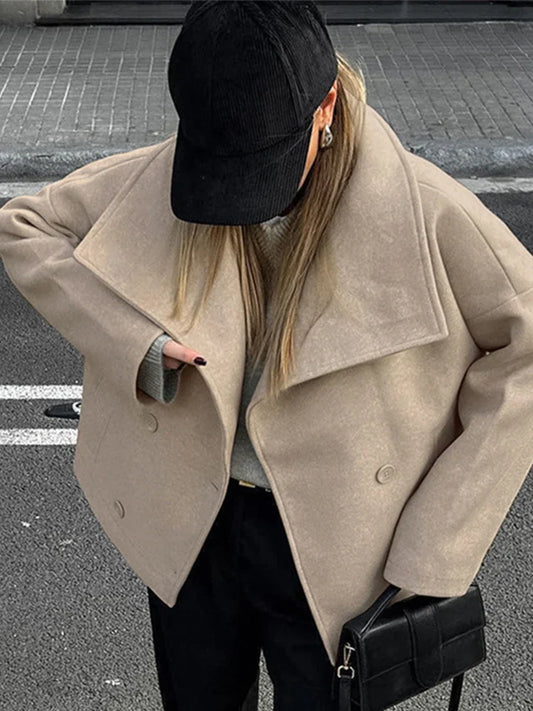 TAVIMART - Vintage Large Lapel Collar Short Coats Women Retro Casual Double-Breasted Pocket Coat Female Autumn Chic Loose Street Outwear