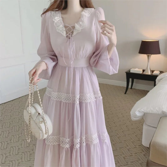 French Vintage Fairy Midi Dresses for Women Lantern Sleeve High Waist V-neck A-line Princess Party Dress Casual Female Vestidos