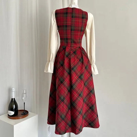 French Vintage Two-piece Dress Set Women Flare Sleeve Shirt Red Plaid Strap Dress A-line Autumn Winter New Christmas Party Dress