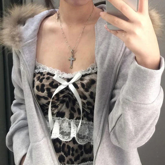Voguable Y2K Leopard Print Lace Ruffle Patchwork Camis Brown Coquette Aesthetic Slim-fit Bow Tank Tops Cute Fairycore Vest Cute