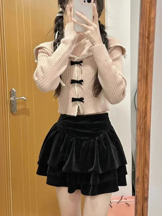 Voguable Pink Sweet Cardigan Long Sleeve Y2k High Waist Knitted Coats Tops Japan Style Bow Sweaters Kawaii Slim Fit Women