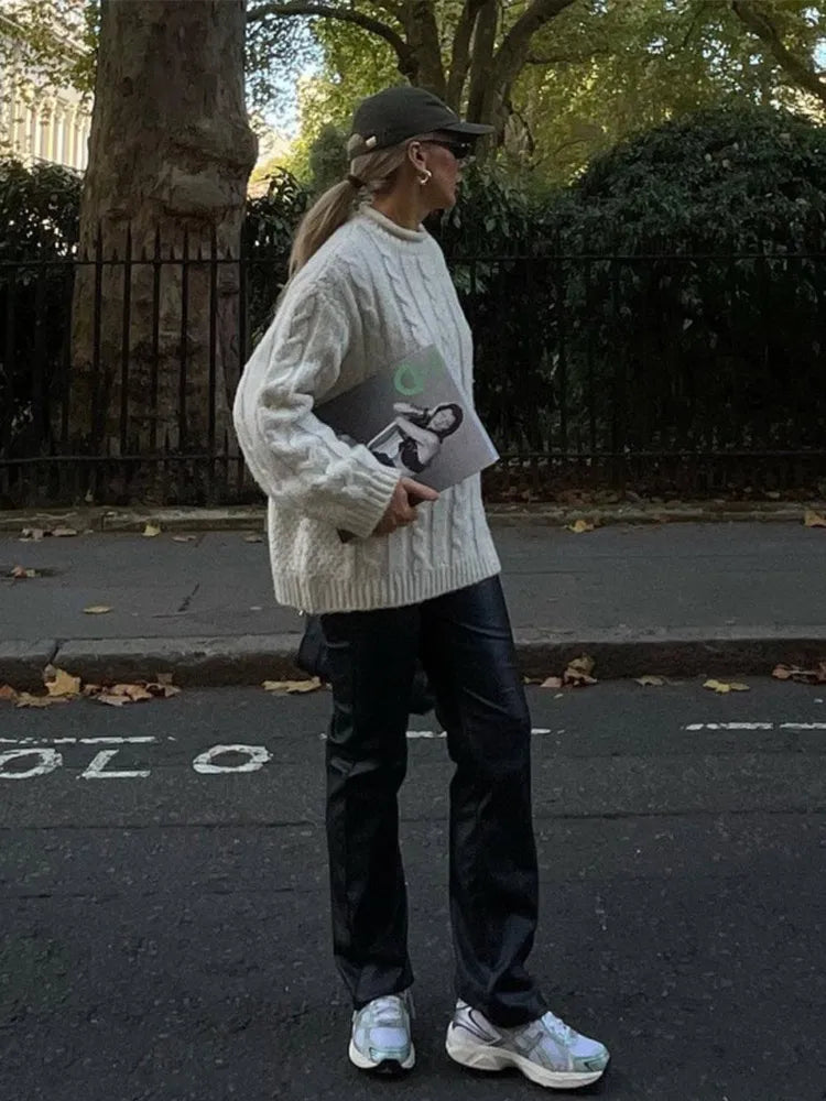 Casual Knitted Long Sleeve Sweaters Women Loose White Half High Neck Pullover Sweater Female Autumn Simple Chic High Street Tops