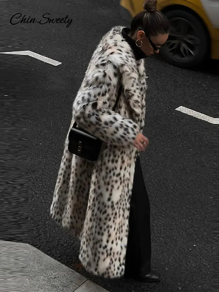 Fashion Animal Lapel Faux Fur Long Coat Women Loose Long Sleeve Pocket Lady Overcoats Autumn Winter Warm Street Thick Outwear