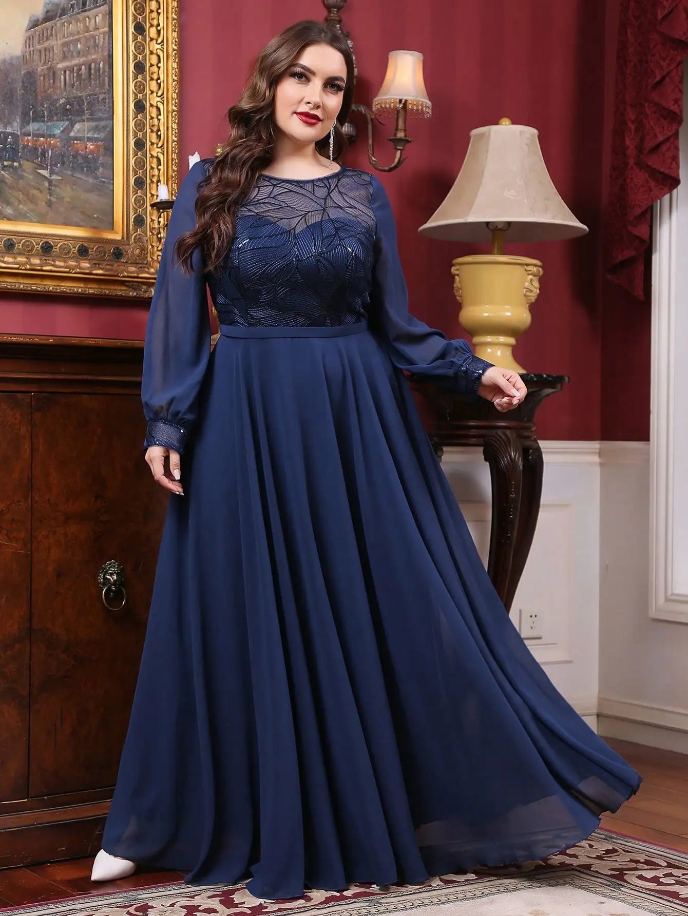 plus size Round neck see-through sequin embroidery patchwork lantern long sleeve chiffon full skirt Evening gown