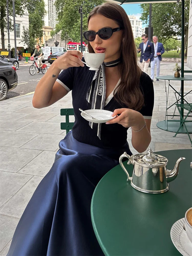 Knit Sweater Pullover Female V-Neck Fashion Ribbed Patchwork Short Sleeve Contrast Top Streetwear Women’s Knitwear Top New