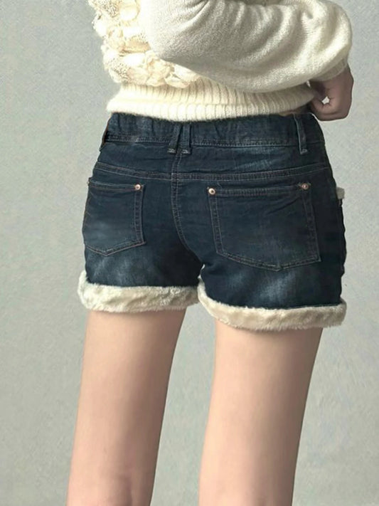 Kawaii Fluffy Trim Mini Jeans Women Chic Gentle Sweet Style Pants Fashion All-Match Blue Short Design