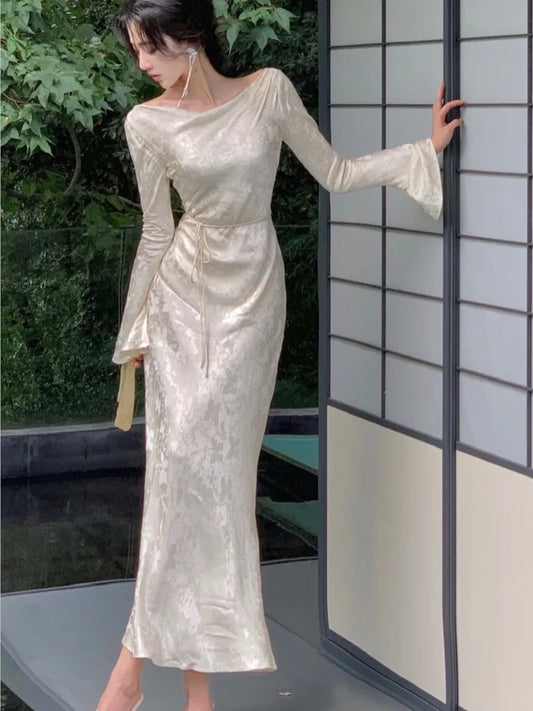 French Vintage Bodycon Evening Dresses for Women Autumn Wedding Prom Robe Flare Sleeve Swinging Collar Midi Vestidos Mujer New