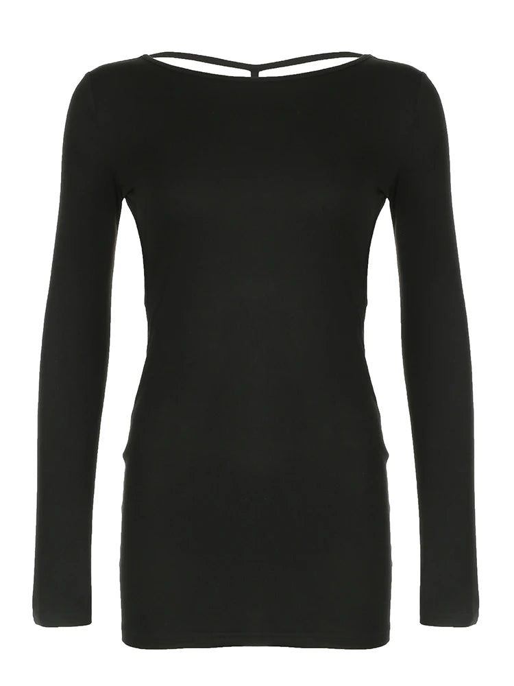 Backless Chic Fashion Skinny Sexy Long Sleeve Short Dress Women Rave Baddie Clubwear Black Solid Party Dresses