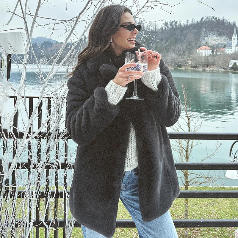Winter Faux Rabbit Fur Coat Women Brand Designer Thick Warm Outerwear Jacket Fur Collar Classic Dark Gray Overcoat