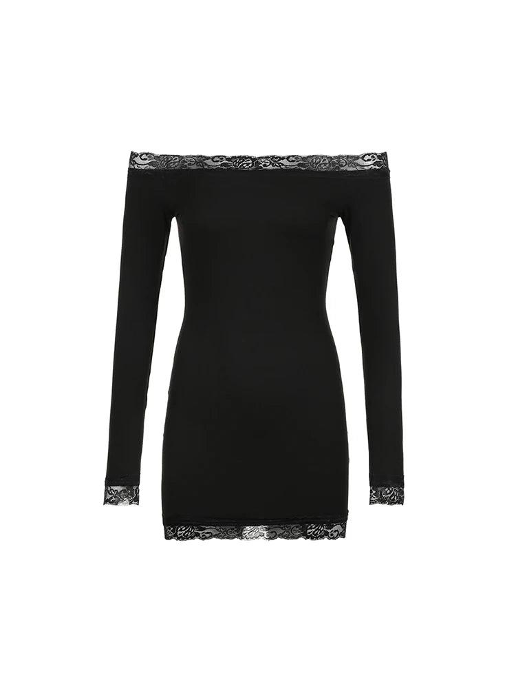 Solid Slim Lace Trim Off Shoulder Long Sleeve Black Short Dress Women Elegant Sexy Party Dresses