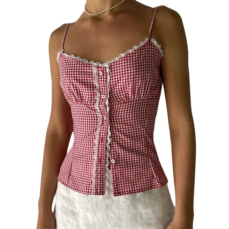 y2k Tops for Plaid Print Lace Trim Spaghetti Strap Sleeveless Single Breasted Camisole Sweet Coquette Clothing