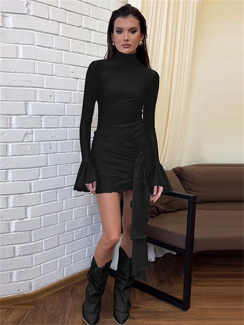 Sexy Skinny Ruffled Mini Dress Female Long Sleeve Turtleneck Slim Fashion Tassel Elegant Party Dress Autumn Women’s Dress