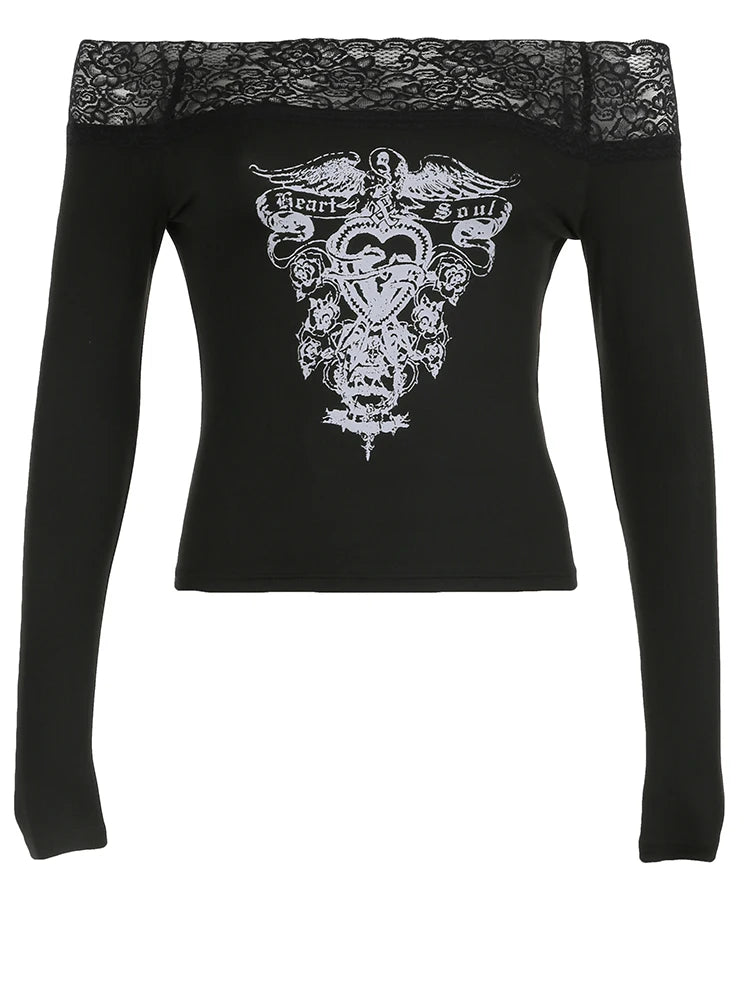 Dark Grunge Print Off Shoulder Long Sleeve Tees Lace Trim Slash Neck Skinny Y2K Black T Shirt Women