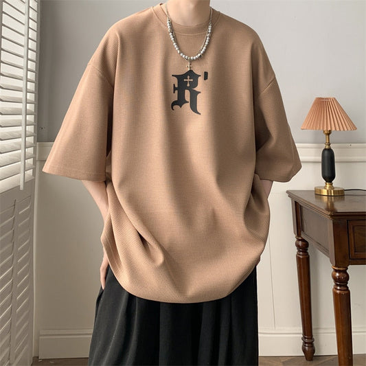 Waffle Letter Print T-shirts Urban Style Half-sleeved Light Thin Breathable Y2k Unisex O-neck Tops Tee