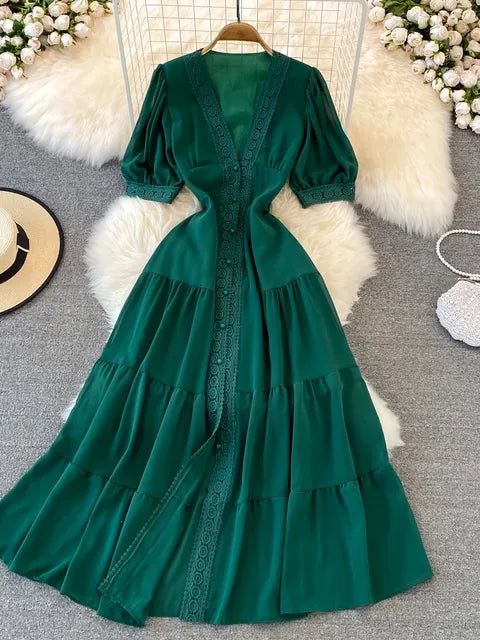 New Women Vintage Party Dress Summer Puff Sleeve Sexy V Neck Lace Single-breasted Long Dresses Ladies A Line Elegant Long Robe