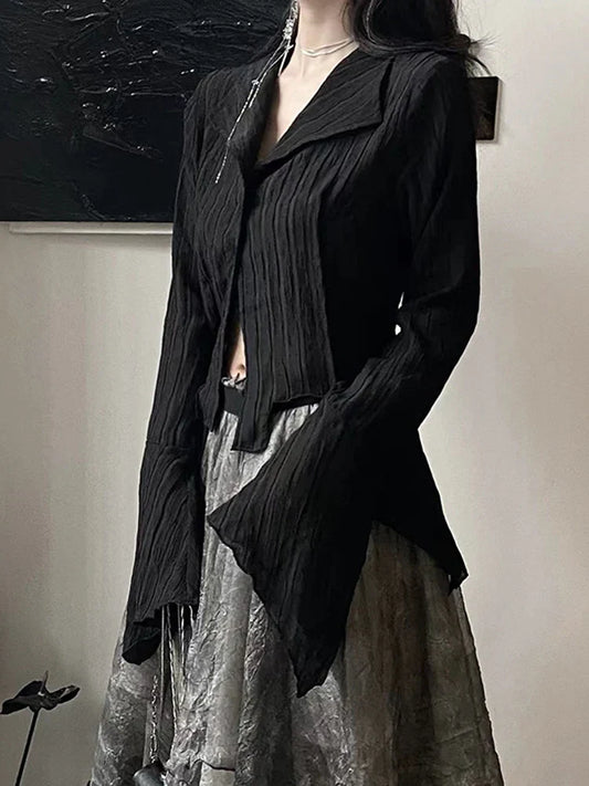 Voguable Gothic Harajuku Black Shirt Vintage Long Sleeve Y2K Blouse Casual American Retro Irregular V Neck Loose Tops Spring