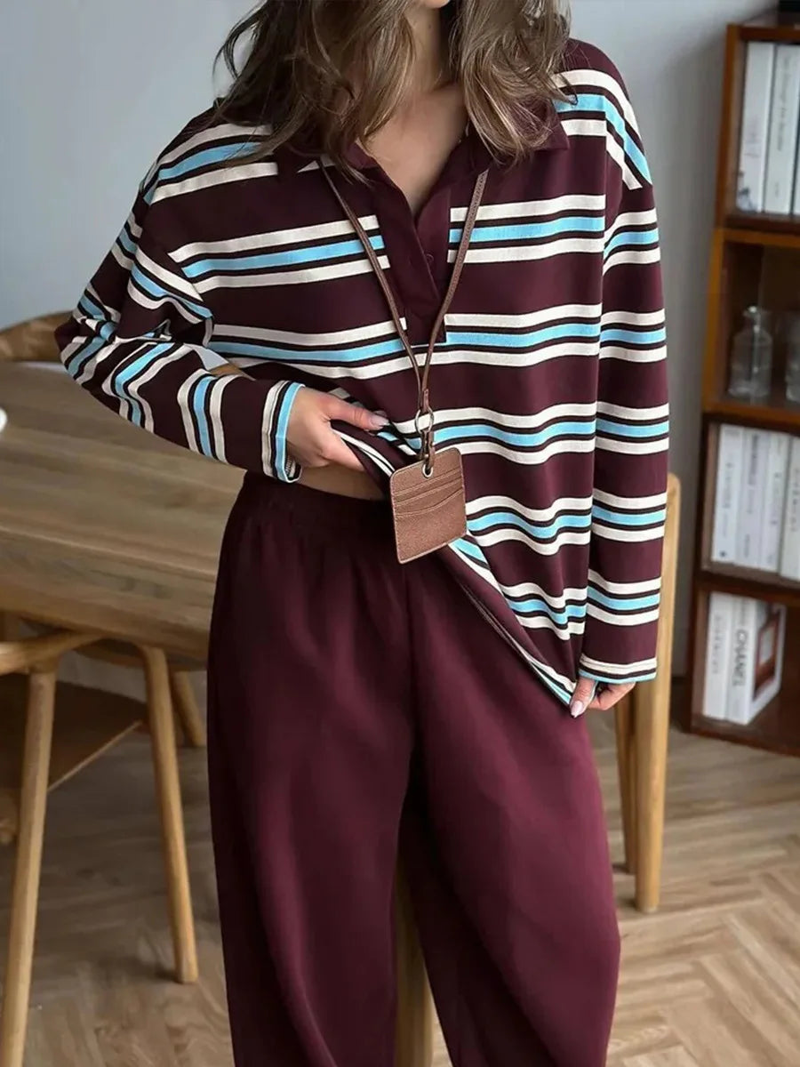 Spring Summer New Women's Retro Striped Polo Collar Oversized Long Sleeve T - Shirt Trendy Casual Loose Basic Top