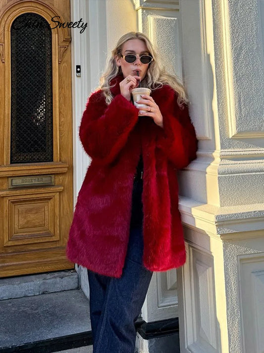Luxury Women’s Red Faux Fur Long Overcoat Fleece Thick Warm Full Sleeve Lapel Cardigan Coat Winter Fashion Loose Outerwear