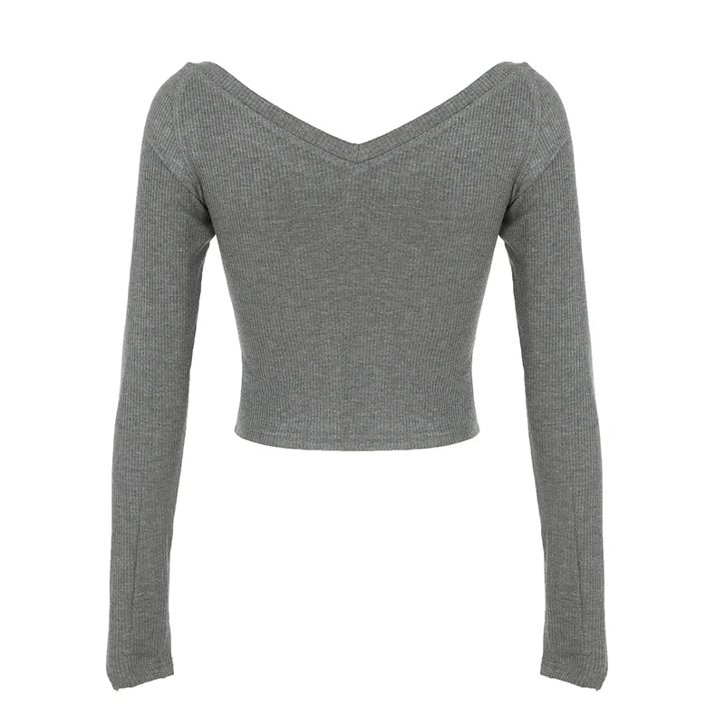 Gray Slim Y2k V-Neck T-Shirt Women Basic Print Gothic Dark Hotsweet Long Sleeve Crop Top Autumn New