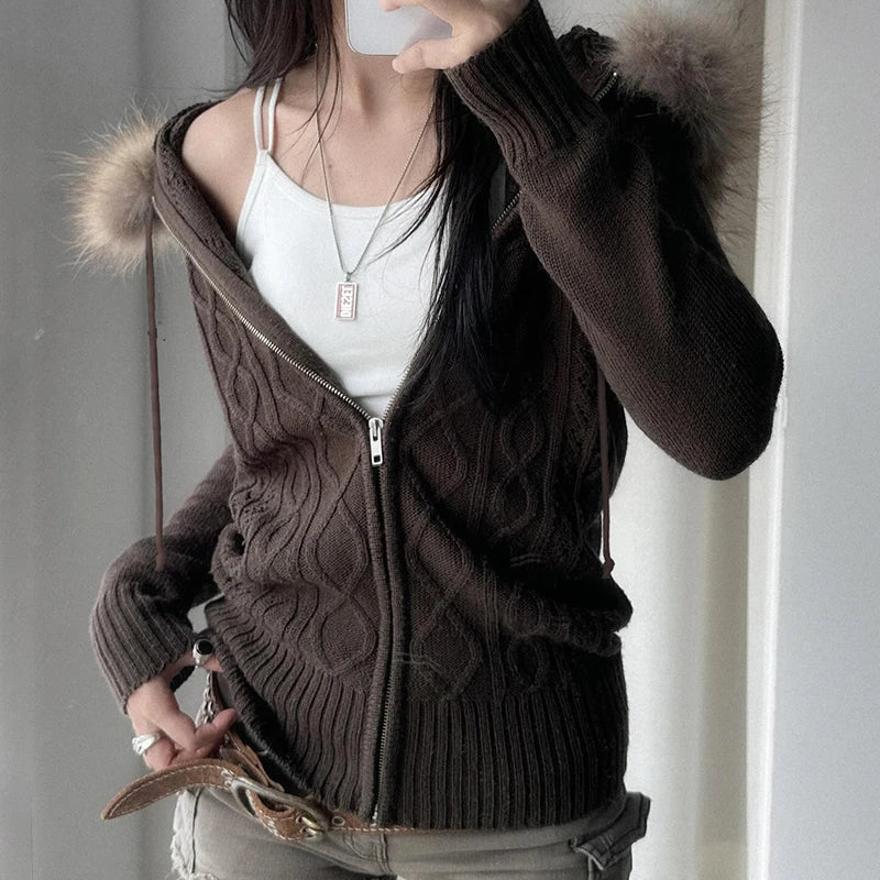Women Fur Hooded Cardigan Fall Vintage Brown Knitted Zipper Coat Winter Street Outfits Korean Fashion Jacket 2000s