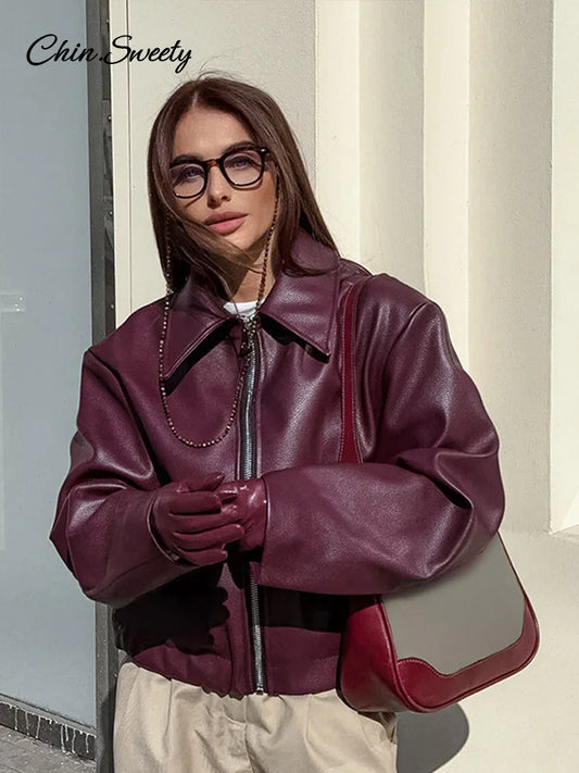 Fashion Lapel Leather Bomber Jacket Women Loose Zipper Long Sleeves Locomotive Coat Autumn New Lady High Street Outerwear