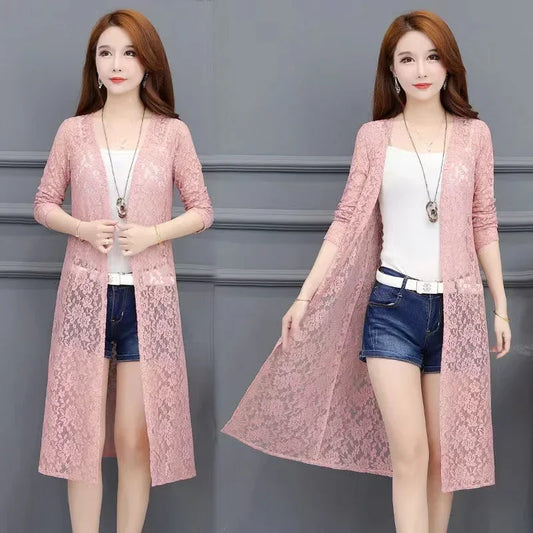 Summer Women Sun Protection Lace Cardigan Mid-length Mesh Shawl Loose Clothing Women Jacket Shirt Outerwear