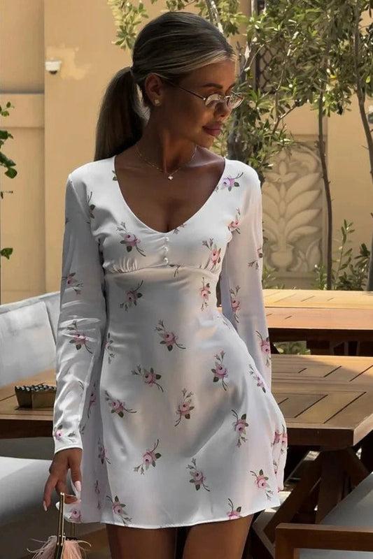 Printed V-Neck Long Sleeve Mini Dress