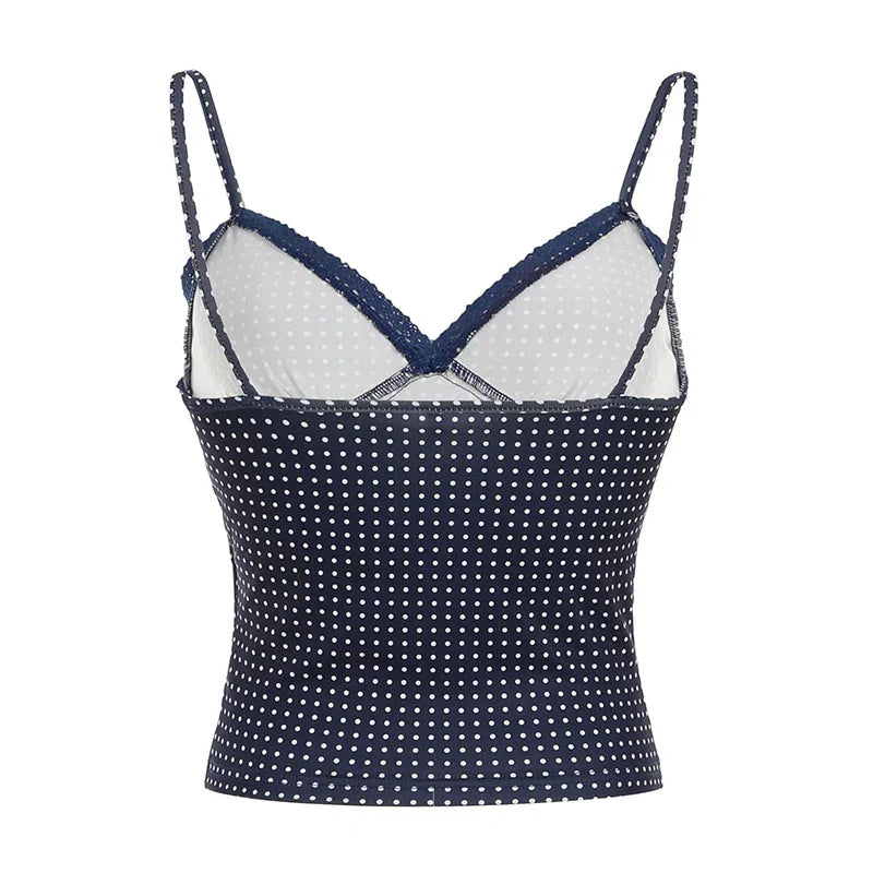 y2k Polka Dot Crop Top Casual Lace Stitching Sleeveless Skinny Strap Tops Basic Camisole Streetwear Tees Aesthetic