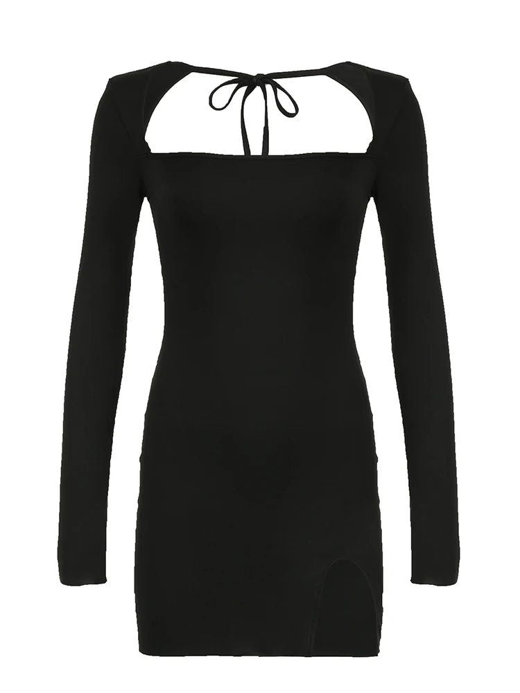 Backless Lace-Up Slim Sexy Black Short Dress Women Square Collar Solid Split Elegant Basic Long Sleeve Baddie Clubwear