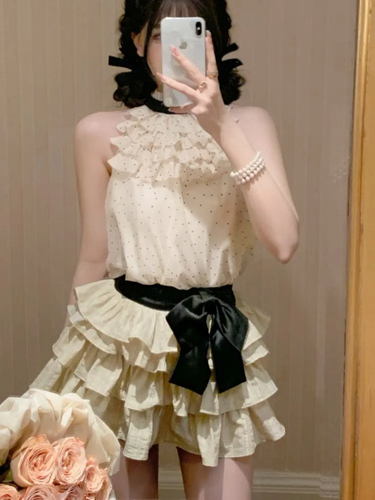 Y2K Polka Dot Two-piece Set Women Chiffon Halter Sleeveless Top Ruffles A-line Cake Mini Skirt Summer New Korean Fashion Outfits
