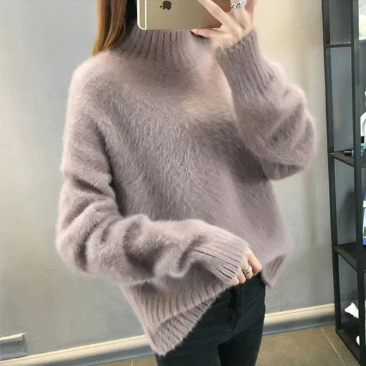 Winter Mink Faux Cashmere Thick Sweater Women Jumper White Pull Femme Loose Pullover Knitted Fluffy Sweaters For Women Winter