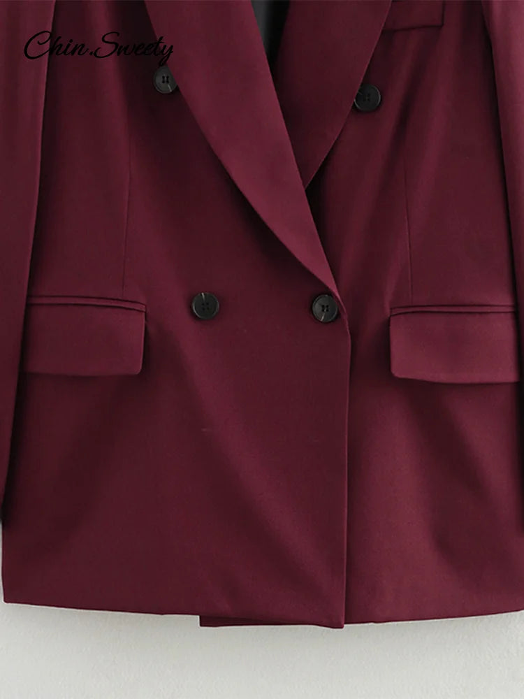 Fashion Burgundy Lapel Blazer Coat Women Elegant Double Breasted Full Sleeve Pocket Jacket Fall New Female Commute Outwear