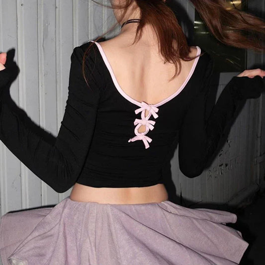 Voguable Sweet Bow Contrast Patchwork Cropped Top Backless V-neck Slim-fit T-shirts Coquette Y2K Knitted Tees Women
