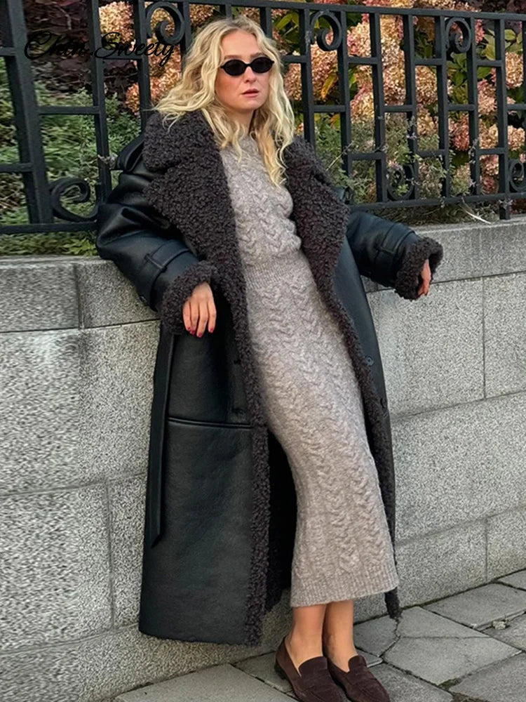 Fashion Lamb Wool PU Leather Long Jacket Women With Belt Patchwork Lapel Pocket Oversize Overcoat Winter Warm Thick Outwear