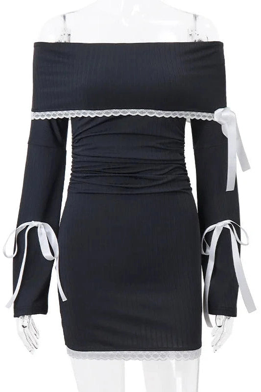 Elegant Lace Patchwork Mini Dress with Slash-Neck and Long Sleeves