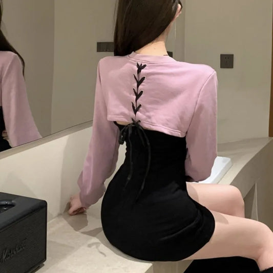 Sexy Patchwork Mini Dresses Women Long Sleeve Bodycon Lace-up Hollow Out Y2K Club Party Dress Korean Fashion Autumn New Vestidos