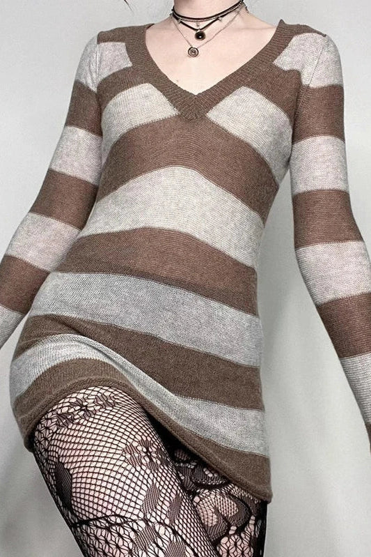 Striped V Neck Mini Dress