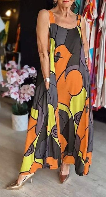 Print Spaghetti Strap Dresses Women Fashion Casual Pocket Loose Long Dress Lady Commuting Clothing Maxi Vestidos 2025 Summer New