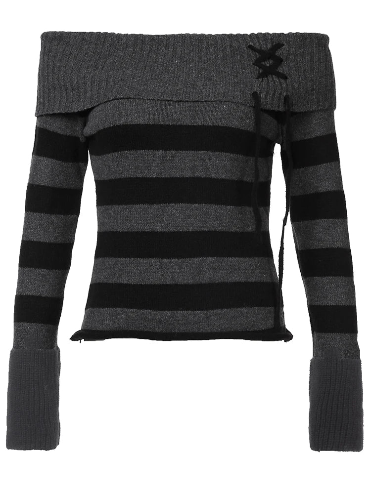 Off Shoulder Slim Knitted Stripe Jumper Women Lace-Up Slash Neck Long Sleeve Sweater Tee Korean Fashion Street Knittwear