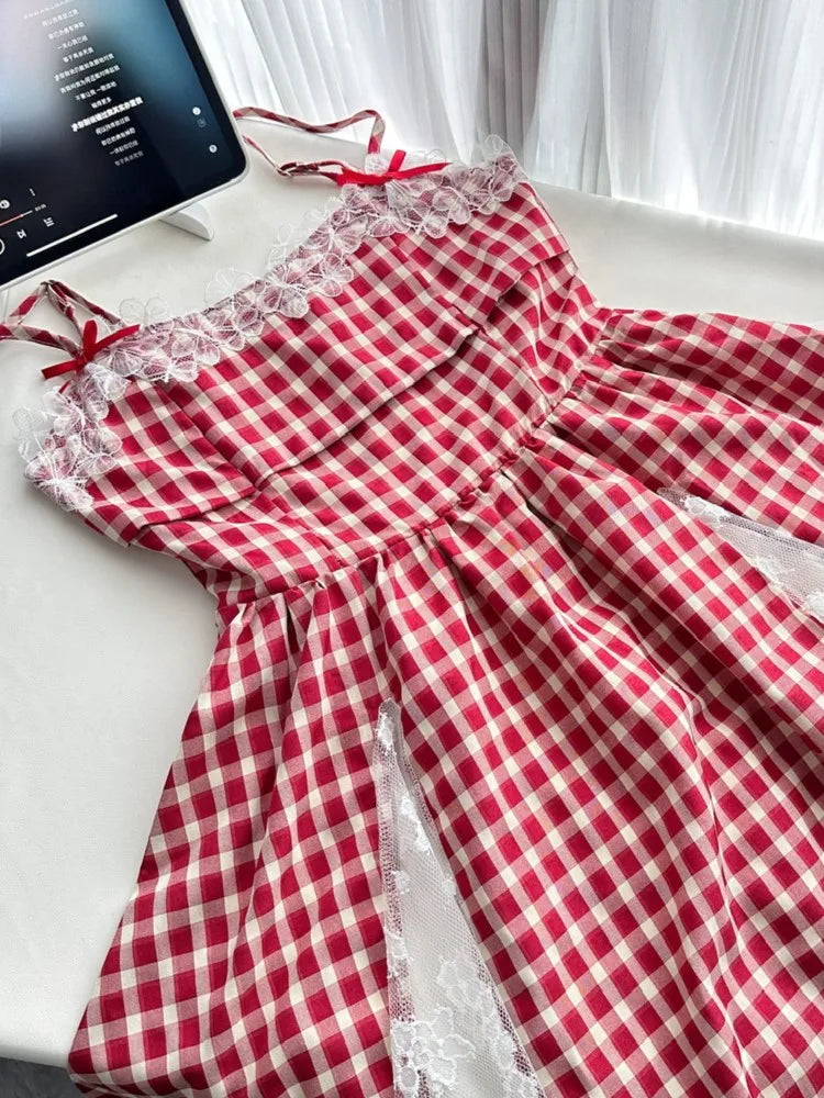 Y2K Red Plaid Mini Dresses for Women Spaghetti Strap Lace Patchwork A-line Birthday Party Dress Korean Fashion One Piece Vestido