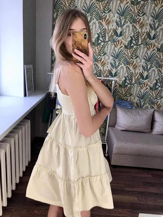 Voguable Vintage Girls y2k Sweet Cascading Yellow Dress Ladies Soft Cotton Cute Midi Dresses for Chic Outfits