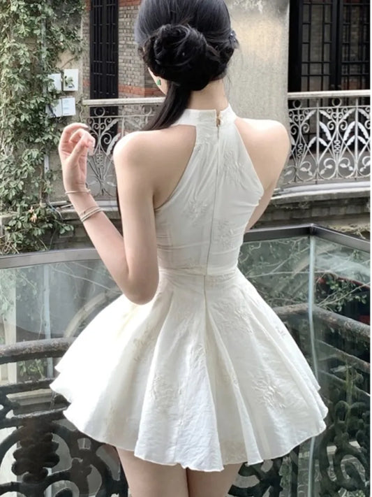 New Chinese Style Halter Short Dresses for Women Sleeveless High Waist A-line Party Dress Elegant Summer One Piece Vestido Mujer