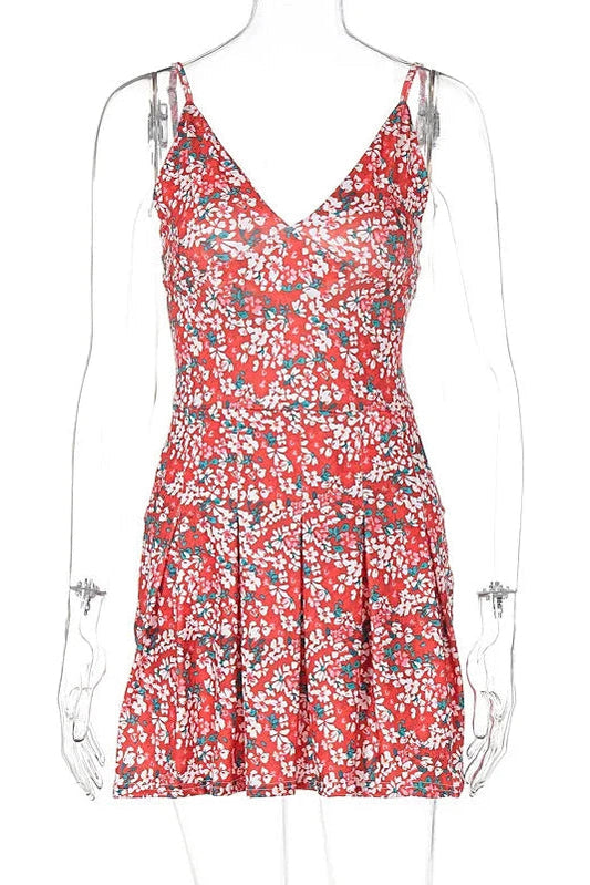 Spaghetti Strap V-Neck Backless Pleated Mini Dress