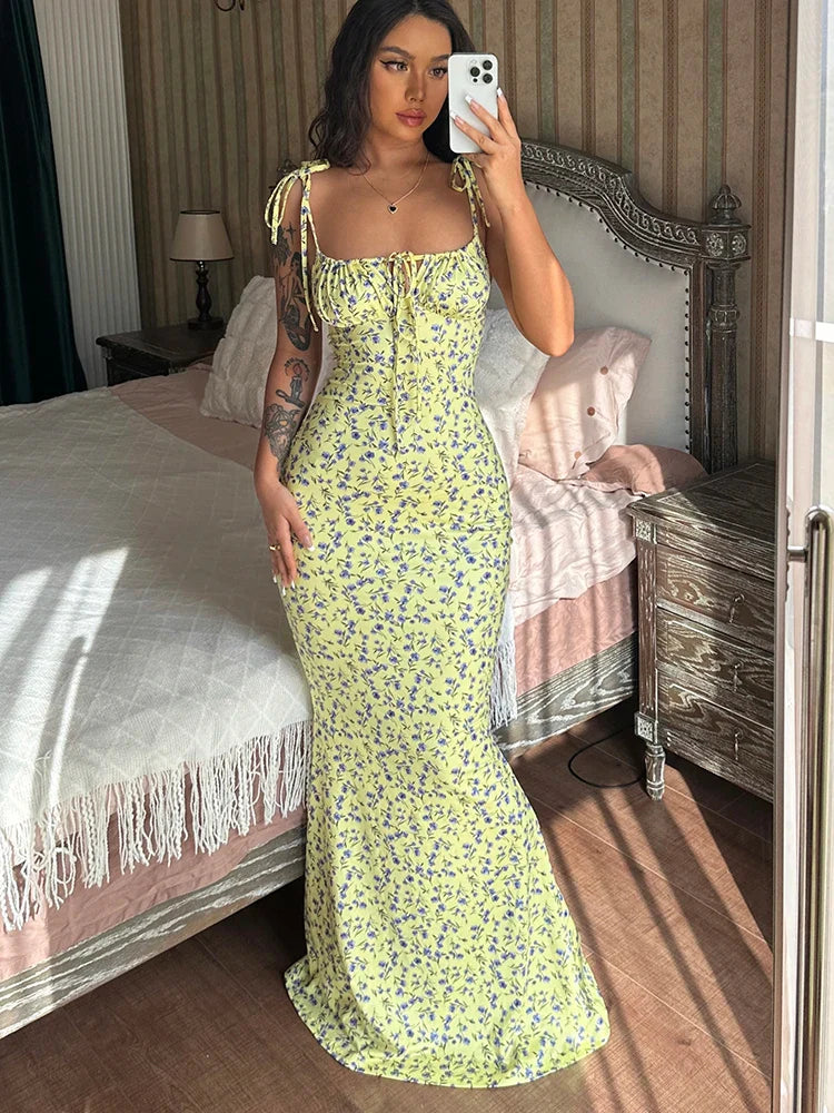 Sleeveless Lace Up Backless Floral Dress